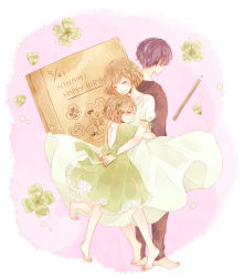Rule 34 | 1boy, 2girls, aged down, bad id, bad pixiv id, barefoot, blush, book, bow, brown hoodie, brown pants, character name, closed eyes, closed mouth, clover, dated, dress, dual persona, four-leaf clover, frills, fueguchi hinami, gradient background, green bow, green dress, grey background, hair ornament, happy birthday, hood, hoodie, hug, kirishima ayato, leg up, multiple girls, pants, purple hair, short hair, smile, tokyo ghoul, tokyo ghoul:re, toukaairab