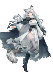 Rule 34 | 1girl, absurdres, animal ear fluff, animal ears, arknights, bead necklace, beads, belt, black belt, black capelet, black footwear, boots, bracelet, braid, breasts, capelet, dress, full body, fur-trimmed boots, fur trim, ginnnn-, grey eyes, grey thighhighs, head chain, head tilt, highres, jewelry, leopard ears, leopard tail, long hair, long sleeves, looking at viewer, medium breasts, necklace, parted lips, pelvic curtain, pouch, pramanix (arknights), silver hair, simple background, solo, tail, thighhighs, thighs, twin braids, very long hair, white background, white dress, wide sleeves