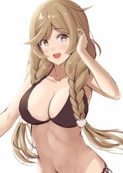 Rule 34 | 1girl, bikini, blush, braid, breasts, brown bikini, brown eyes, cleavage, cloud hair ornament, commentary request, hair ornament, highres, ichikawa feesu, kantai collection, large breasts, light brown hair, long hair, looking at viewer, minegumo (kancolle), open mouth, simple background, solo, swimsuit, twin braids, very long hair, white background