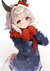 Rule 34 | 1girl, absurdres, animal ears, black jacket, blazer, blue skirt, blush, bow, closed mouth, cold, curren chan (umamusume), ear bow, ear covers, gloves, highres, horse ears, horse girl, horse tail, jacket, long sleeves, looking at viewer, pink eyes, pleated skirt, red bow, red gloves, red scarf, scarf, short hair, skirt, smile, solo, tail, umamusume, usukawa (uskw sr), white hair