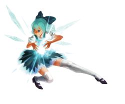 Rule 34 | 1girl, absurdres, bad id, bad pixiv id, blue eyes, blue hair, bow, cirno, female focus, full body, hair bow, highres, mame usagi, matching hair/eyes, short hair, solo, embodiment of scarlet devil, thighhighs, touhou, transparent background, wings