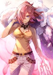 Rule 34 | 1girl, bare arms, bare shoulders, belt, black choker, blue pants, breasts, camisole, choker, cinderella (sinoalice), closed mouth, commentary request, cowboy shot, denim, grey footwear, hair over one eye, halterneck, hand up, holding, hoshizaki reita, jacket, jacket over shoulder, jeans, jewelry, large breasts, looking at viewer, medium breasts, necklace, one eye covered, pants, parted lips, purple eyes, signature, sinoalice, solo, standing, unworn jacket