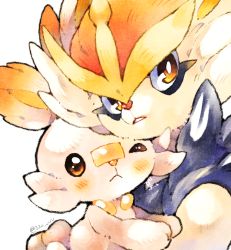 Rule 34 | alternate color, artist name, blush, brown eyes, cinderace, closed mouth, commentary request, creatures (company), furry, gacho (220 vvv), game freak, gen 8 pokemon, holding, holding pokemon, looking to the side, nintendo, pokemon, pokemon (creature), scorbunny, shiny pokemon, watermark, white background, white fur