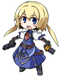 1girl atlus blonde_hair blue_eyes chibi dress etrian_odyssey female_focus frederica_irving gun gunner_(sekaiju) lowres shin_sekaiju_no_meikyuu_millenium_no_shoujo solo twintails weapon