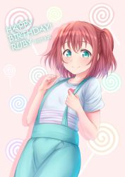 Rule 34 | 1girl, aqua eyes, blue pants, blue shirt, bright pupils, candy, character name, commentary request, dutch angle, food, food-themed background, happy birthday, heart, heart print, highres, kurosawa ruby, lollipop, looking at viewer, love live!, love live! sunshine!!, pants, rama (yu-light8), red hair, shirt, short hair, short sleeves, solo, suspenders, tareme, two side up