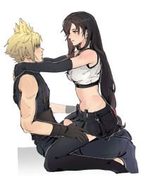 Rule 34 | 1boy, 1girl, baggy pants, bare shoulders, black hair, black skirt, black sports bra, black thighhighs, blonde hair, blue eyes, breasts, closed mouth, cloud strife, couple, crop top, earrings, elbow gloves, eye contact, feet out of frame, final fantasy, final fantasy vii, final fantasy vii rebirth, final fantasy vii remake, fingerless gloves, from side, gloves, hand on another&#039;s thigh, hands on another&#039;s shoulders, highres, jewelry, long hair, looking at another, low-tied long hair, medium breasts, midriff, navel, pants, profile, pudelmudel, red eyes, single earring, single sidelock, sitting, sitting on lap, sitting on person, skirt, sleeveless, sleeveless turtleneck, smile, spiked hair, sports bra, square enix, suspender skirt, suspenders, sweater, swept bangs, tank top, thighhighs, tifa lockhart, turtleneck, turtleneck sweater, very long hair, white background, white tank top, zettai ryouiki