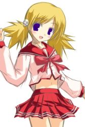 Rule 34 | 00s, 1girl, :d, arm up, blonde hair, blue eyes, blush, bow, clothes lift, flat chest, hair ornament, head tilt, looking at viewer, midriff, miniskirt, navel, open mouth, outstretched arms, parted bangs, pink bow, pleated skirt, sasamori karin, shirt lift, short hair, short twintails, simple background, sketch, skirt, smile, smiley face, solo, spiked hair, spread arms, standing, to heart (series), to heart 2, twintails, white background, wind, wind lift