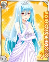 Rule 34 | 1girl, :d, blue hair, bow, card, character name, dress, girlfriend (kari), gloves, kayashima otome, long hair, official art, open mouth, qp:flapper, red eyes, smile, standing, tagme, veil, very long hair, wedding dress, white bow, white dress, white gloves, yellow background