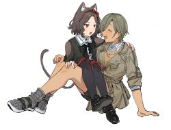 2girls absurdres animal_ear_fluff animal_ears black_bow black_bowtie black_hairband black_pantyhose black_shirt black_shoes blush bow bowtie brown_coat brown_hair brown_sweater cat_ears cat_girl cat_tail clothing_cutout coat ebizuka_tomo girls_band_cry grey_hair grey_socks hairband highres jacket kemonomimi_mode mole mole_under_eye multicolored_hair multiple_girls open_mouth pantyhose red_eyes red_skirt roots_(hair) rupa_(girls_band_cry) sandals shirt shoes short_hair shorts shoulder_cutout simple_background sitting sitting_on_lap sitting_on_person skirt socks sweater tail uzr_akira white_background yuri