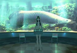 Rule 34 | 1girl, animal, aquarium, arapaima, bag, barefoot, black hair, censored, checkered floor, convenient censoring, feet, fish, flat chest, floor, full body, hair censor, hair over breasts, kizaki, legs, long hair, navel, nude, original, oversized animal, solo, standing