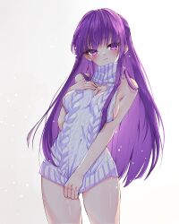Rule 34 | 1girl, aran sweater, backless dress, backless outfit, blunt bangs, blush, breasts, cable knit, cleavage cutout, closed mouth, clothing cutout, deararisu, dress, fern (sousou no frieren), heart cutout, highres, long hair, looking at viewer, medium breasts, meme attire, naked sweater, purple eyes, purple hair, purple pupils, ribbed sweater, sideboob, simple background, sleeveless, sleeveless turtleneck, solo, sousou no frieren, straight hair, sweater, sweater dress, turtleneck, turtleneck sweater, virgin killer sweater, white sweater