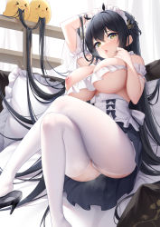 Rule 34 | 1girl, arm up, azur lane, black footwear, black hair, blush, breasts, crossed legs, feet out of frame, frilled pillow, frills, green eyes, hair between eyes, hand in own hair, hand up, high heels, highres, indomitable (azur lane), indomitable (ms. motivationless maid) (azur lane), k.t.cube, large breasts, long hair, looking at viewer, maid, manjuu (azur lane), nipples, official alternate costume, open mouth, panties, pillow, resolution mismatch, shoe dangle, solo, source larger, steam, thighhighs, tongue, tongue out, underwear, very long hair, white panties, white thighhighs