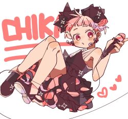 Rule 34 | 1girl, :o, black dress, black footwear, black nails, blush, character name, chika (vocaloid), double bun, dress, earrings, floating, frilled dress, frills, fukomo, full body, hair bun, hair ribbon, heart, holding, holding microphone, jewelry, looking to the side, microphone, nail polish, ribbon, shoes, short bangs, sleeveless, solo, vocaloid, white background
