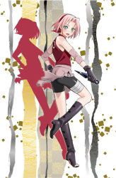 Rule 34 | from side, full body, green eyes, hand on own hip, haruno sakura, nanji3, naruto, naruto (series), pink hair, short shorts, shorts, solo, sparkle, standing, standing on one leg, tagme