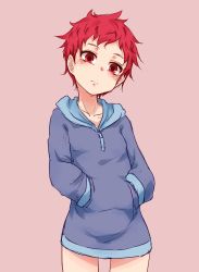 Rule 34 | 1girl, closed mouth, dress, hands in pockets, head tilt, highres, hood, hoodie, hourai kochou, kumatora, looking at viewer, mother (game), mother 3, nintendo, no pants, overalls, pink background, pink hair, red eyes, red hair, short hair, simple background, solo