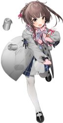 Rule 34 | 1girl, black footwear, blush, brown eyes, brown hair, coat, full body, grey coat, hoshiakari (c2 kikan), kantai collection, long sleeves, mittens, official alternate costume, official art, open clothes, open coat, open mouth, pantyhose, pink mittens, pink scarf, pom pom (clothes), scarf, shoes, short hair with long locks, sidelocks, solo, transparent background, ukuru (kancolle), white pantyhose