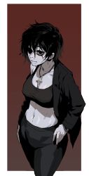 Rule 34 | 1girl, black bra, black eyes, black hair, black jacket, black pants, border, bra, breasts, closed mouth, colored sclera, colored skin, cross, cross necklace, gogalking, gradient background, grey sclera, grey skin, highres, jacket, jewelry, large breasts, long sleeves, looking at viewer, midriff, navel, necklace, open clothes, open jacket, original, pants, red background, scar, scar across eye, scar on face, short hair, solo, toned, underwear, white border