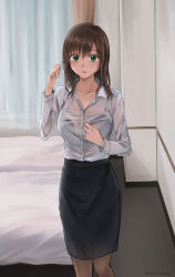 Rule 34 | 1girl, artist name, bed, black bra, black skirt, bra, bra visible through clothes, brown hair, collarbone, collared shirt, commentary request, commission, cowboy shot, green eyes, hair between eyes, highres, indoors, long hair, long sleeves, looking at viewer, office lady, original, parted lips, pencil skirt, pixiv commission, see-through, setu kurokawa, shirt, skirt, solo, standing, twitter username, underwear, watermark, wet, wet clothes, wet shirt, white shirt