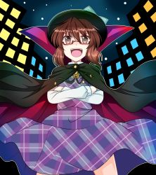 Rule 34 | &gt;:d, 1girl, :d, absurdres, bow, brown eyes, brown hair, cape, city, crossed arms, dress, from below, glasses, hat, hat bow, hat ribbon, high collar, highres, looking at viewer, one-hour drawing challenge, open mouth, ougi (ihayasaka), plaid, plaid dress, ribbon, semi-rimless eyewear, short hair, smile, solo, teeth, touhou, usami sumireko, v-shaped eyebrows