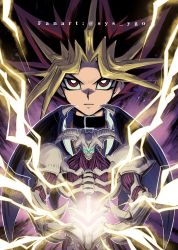 Rule 34 | 1boy, artist name, black hair, blonde hair, bright pupils, closed mouth, collar, commentary request, duel monster, dyed bangs, energy, glowing, glowing eyes, green eyes, highres, looking at viewer, male focus, multicolored hair, purple hair, red eyes, soya (sys ygo), spiked hair, summoned skull, teeth, watermark, white pupils, yami yugi, yu-gi-oh!, yu-gi-oh! duel monsters