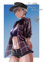 Rule 34 | 1girl, arm tattoo, arms behind back, choker, closed mouth, commission, ear piercing, earrings, glasses, grey hair, hat, highres, jewelry, midriff, navel, open clothes, open shirt, original, piercing, short hair, short shorts, shorts, simple background, skeb commission, sleeves rolled up, solo, tattoo, tsukumo nikyu