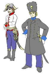 Rule 34 | 2boys, austria, austria-hungary, bad id, bad pixiv id, bearskin cap, bicorne, blue collar, boots, breeches, brown hair, collar, erumori, facial hair, gloves, greatcoat, hand on own hip, hat, historical, hungary, military, military uniform, multiple boys, mustache, red collar, saber (weapon), sheath, sheathed, standing, sword, uniform, weapon, white background, white gloves