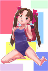 Rule 34 | 1000, 1girl, :d, backpack, bag, barefoot, blush, brown eyes, brown hair, child, competition school swimsuit, flat chest, hair ribbon, head tilt, kneeling, legs, long hair, looking at viewer, one-piece swimsuit, open mouth, original, parted bangs, randoseru, ribbon, school swimsuit, smile, solo, spread legs, swimsuit, twintails