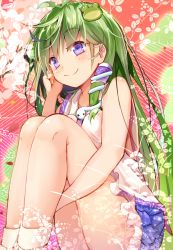 Rule 34 | 1girl, antenna hair, bare arms, bare legs, bare shoulders, blue skirt, blush, breasts, breasts squeezed together, collarbone, efe, frills, frog hair ornament, green hair, hair ornament, hair tubes, hand on own ear, hand on own ear, knees to chest, kochiya sanae, legs, long hair, purple eyes, shirt, sitting, skirt, sleeveless, sleeveless shirt, snake hair ornament, solo, thighs, touhou, very long hair, white shirt