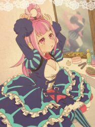 Rule 34 | 1girl, aqua pantyhose, brushing hair, cross-laced clothes, cross-laced dress, dress, facial mark, fascinator, fire emblem, fire emblem engage, folded twintails, hair brush, hair flaps, hair rings, heart, heart facial mark, hortensia (fire emblem), kszm fe, makeup, mirror, multicolored hair, nintendo, pantyhose, pink eyes, pink hair, solo, striped clothes, striped dress, two-tone hair, two-tone pantyhose, vertical-striped clothes, vertical-striped dress