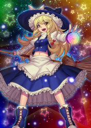 Rule 34 | 1girl, :d, aiming, aiming at viewer, apron, bagua, bamboo broom, blonde hair, boots, braid, broom, cross-laced footwear, frilled apron, frilled skirt, frills, hair ribbon, hat, hat ribbon, highres, juliet sleeves, kirisame marisa, light particles, long hair, long sleeves, mam (weizhima23), midriff, mini-hakkero, multicolored background, navel, open mouth, outstretched hand, puffy sleeves, ribbon, single braid, skirt, skirt set, smile, solo, star (symbol), touhou, tress ribbon, trigram, waist apron, witch hat, yellow eyes, yin yang