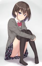 Rule 34 | 1girl, black skirt, black thighhighs, blush, bow, bowtie, brown hair, cardigan, closed mouth, collared shirt, commentary request, full body, grey cardigan, hair between eyes, hugging own legs, long sleeves, looking at viewer, monoku, no shoes, original, panties, plaid, plaid skirt, purple eyes, red bow, red bowtie, shirt, sitting, skirt, sleeves past wrists, smile, solo, thighhighs, underwear, white panties, white shirt