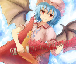 Rule 34 | 1girl, bat wings, blue hair, fang, guitar, hat, instrument, mitsuki yuuya, open mouth, red eyes, remilia scarlet, smile, solo, touhou, wings