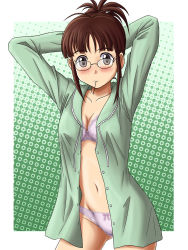 Rule 34 | 1girl, akizuki ritsuko, arms behind head, arms up, blush, bow, bow bra, bow panties, bra, breasts, brown eyes, brown hair, cleavage, commentary request, cowboy shot, crotch seam, glasses, green background, green shirt, grey bra, grey panties, hair ornament, hairpin, highres, idolmaster, idolmaster (classic), lace, lace-trimmed bra, lace trim, lielos, lingerie, looking at viewer, medium breasts, mouth hold, navel, no pants, open clothes, open shirt, outside border, pajamas, panties, partial commentary, shirt, short hair, solo, standing, underwear, white bra