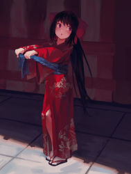 Rule 34 | 1girl, :o, aged down, black hair, bow, full body, hair bow, highres, japanese clothes, kimono, long hair, noccu, noihara himari, omamori himari, open mouth, outstretched arms, purple eyes, red bow, red kimono, sandals, sash, shichi-go-san, socks, solo, standing, very long hair, white socks, wide sleeves