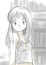 Rule 34 | 00s, 1girl, bad id, bad twitter id, blue eyes, blue hair, blush, bookshelf, breasts, collarbone, creatures (company), dawn (pokemon), female focus, game freak, grey background, greyscale, hainchu, long hair, looking at viewer, matching hair/eyes, monochrome, nintendo, pale color, poke ball symbol, pokemon, pokemon dppt, simple background, sketch, small breasts, smile, solo, standing, tank top, undershirt, upper body