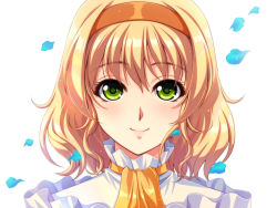 Rule 34 | 00s, 1girl, ascot, blonde hair, byuune, close-up, green eyes, hairband, natalia luzu kimlasca lanvaldear, orange ascot, petals, portrait, smile, solo, tales of (series), tales of the abyss, upper body