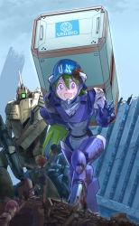 Rule 34 | 1boy, 2girls, armor, carrying, carrying overhead, choujikuu yousai macross, commentary, commentary request, damaged, dirty, energy cannon, giant, giantess, green hair, gunpod, hair over one eye, helmet, inui&#039;s meltran, inui (jt1116), long hair, macross, mecha, meltrandi, multiple girls, piggyback, rescue, robot, ruins, science fiction, size difference, sketch, torn clothes, u.n. spacy, variable fighter, very long hair, vf-1, zentradi