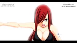 Rule 34 | 1girl, angry, arm tattoo, artist request, bare arms, bare shoulders, bikini, bikini top only, black bikini, black bra, bra, breasts, brown eyes, cleavage, collarbone, determined, erza scarlet, facing viewer, fairy tail, hair over one eye, highres, large breasts, long hair, looking at viewer, open mouth, outstretched arm, red hair, serious, simple background, solo, swimsuit, tattoo, teeth, tongue, twitter username, underwear, upper body, white background
