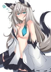 Rule 34 | 1girl, :|, absurdres, animal ears, azur lane, bare shoulders, black skirt, black thighhighs, blue neckwear, blush, breasts, cleavage, closed mouth, unworn clothes, collarbone, commentary request, crossed bangs, fox ears, fox girl, fox tail, grey hair, hair between eyes, hair censor, hair in own mouth, hair ornament, hair over breasts, highres, jitome, kawakaze (azur lane), long hair, looking at viewer, medium breasts, messy hair, partial commentary, pleated skirt, ribbon, ribbon-trimmed clothes, ribbon-trimmed sleeves, ribbon trim, simple background, siota1998, skirt, solo, tail, thighhighs, translation request, white background, zettai ryouiki