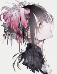 Rule 34 | 1girl, ascot, bird, black shirt, blouse, copyright request, cropped torso, flamingo, from side, grey background, hair ornament, highres, hito komoru, looking up, medium hair, portrait, shirt, simple background, solo, white ascot