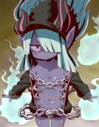 Rule 34 | 1girl, black hat, black jacket, breasts, chain, closed mouth, collarbone, colored skin, convenient censoring, cowboy shot, etrian odyssey, fake horns, floating hair, green hair, hair over one eye, hat, horned headwear, horns, jacket, jitome, long sleeves, naga u, navel, necromancer (sekaiju), off shoulder, open clothes, open jacket, pointy ears, purple skin, red eyes, skull, sleeves past wrists, small breasts, solo, spirit, stitches