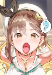 Rule 34 | 1girl, ?, absurdres, atelier (series), atelier ryza, atelier ryza 2, ayanakitori, bad id, bad pixiv id, bare shoulders, blue neckerchief, blush, braid, breasts, brown eyes, brown hair, cleavage, collarbone, female focus, french braid, hair between eyes, hair ornament, hairclip, hat, highres, jewelry, key, key necklace, large breasts, looking at viewer, mouth focus, neckerchief, necklace, open mouth, oral invitation, reisalin stout, shirt, solo, spoken question mark, teeth, tongue, tongue out, upper body, uvula, white hat, white shirt