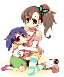 Rule 34 | 2girls, bare shoulders, bike shorts, blue hair, blush, blush stickers, brown hair, bug, butterfly, butterfly hair ornament, child, choker, chousoku henkei gyrozetter, green eyes, hair ornament, highres, hug, inaba rinne, inline skates, insect, long hair, mary janes, multiple girls, nanateru, red eyes, roller skates, shoes, short hair, short twintails, side ponytail, single thighhigh, skates, skirt, smile, striped clothes, striped legwear, striped thighhighs, suzukawa kaede, thighhighs, twintails