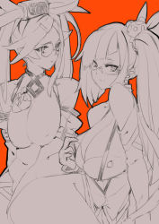 Rule 34 | 2girls, bare shoulders, blazblue, breasts, china dress, chinese clothes, cleavage, cowboy shot, detached sleeves, dress, earrings, glasses, guilty gear, hair ornament, hairclip, jewelry, kuradoberi jam, large breasts, litchi faye ling, long hair, looking at viewer, makai, monochrome, multiple girls, orange background, ponytail, side ponytail, simple background, upper body