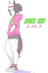 Rule 34 | 1girl, alternate costume, animal ears, black shorts, brown hair, closed mouth, commentary request, dated, ear covers, full body, green eyes, hands in pockets, highres, hood, hood down, hoodie, horse ears, horse girl, horse tail, ines fujin (umamusume), nike (company), pink hoodie, shoes, short sleeves, shorts, side ponytail, simple background, single ear cover, smile, sneakers, solo, tail, umamusume, visor cap, white background, yaki apple