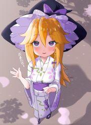 Rule 34 | 1girl, akane (cookie), bag, black eyes, black footwear, black hat, blonde hair, blush, bow, braid, breasts, cherry blossoms, commentary request, cookie (touhou), dirt road, floral print kimono, frilled hat, frills, from above, full body, geta, hair between eyes, hair bow, hat, hat bow, highres, holding, holding bag, japanese clothes, kimono, kirisame marisa, long bangs, long hair, looking at viewer, medium breasts, obi, open mouth, pura (aiueo256375), purple bow, purple sash, road, sash, side braid, sidelocks, single braid, smile, solo, touhou, walking, waving, white kimono, witch hat