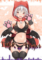 Rule 34 | 1girl, :d, alternate costume, animal hands, armlet, bare shoulders, black gloves, black panties, black thighhighs, blush, breasts, commentary request, crop top, gloves, hair between eyes, halloween, hands up, highres, hood, inubashiri momiji, large breasts, looking at viewer, midriff, multiple wings, navel, nose blush, open mouth, panties, paw gloves, red eyes, short hair, silver hair, sitting, smile, solo, sports bra, stomach, tatsumiya kagari, thighhighs, thighs, touhou, trick or treat, underwear, white background, wings