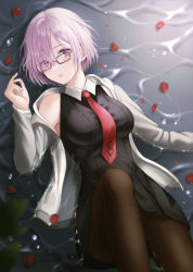 Rule 34 | 1girl, absurdres, artist request, bare shoulders, between breasts, black-framed eyewear, black dress, breasts, brown pantyhose, closed mouth, collared dress, commentary request, dress, eyes visible through hair, fate/grand order, fate (series), fingernails, glasses, grey jacket, hair over one eye, highres, in water, jacket, large breasts, light purple hair, lips, looking at viewer, lying, mash kyrielight, multicolored clothes, multicolored jacket, nail polish, necktie, necktie between breasts, open clothes, open jacket, pantyhose, petals, plant, pocket, purple eyes, purple nails, red necktie, short hair, solo, two-tone jacket, water, white jacket