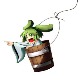Rule 34 | 1girl, 33kudo, bbb (33kudo), bucket, female focus, green eyes, green hair, hair bobbles, hair ornament, in bucket, in container, kisume, long sleeves, matching hair/eyes, open mouth, pointing, short hair, solo, touhou, twintails, white background, wide sleeves