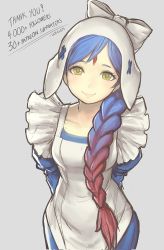 Rule 34 | 1girl, apron, arms behind back, blue hair, braid, closed mouth, fire emblem, fire emblem fates, milestone celebration, gofelem, gradient hair, grey background, lilith (fire emblem), long hair, multicolored hair, nintendo, red hair, simple background, single braid, smile, solo, yellow eyes